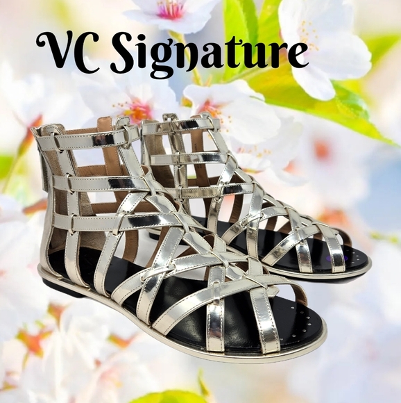 VC Signature Gladiator Silver Leather Womens Sandels Sz 8 Strappy Back Zip Women - Picture 1 of 9